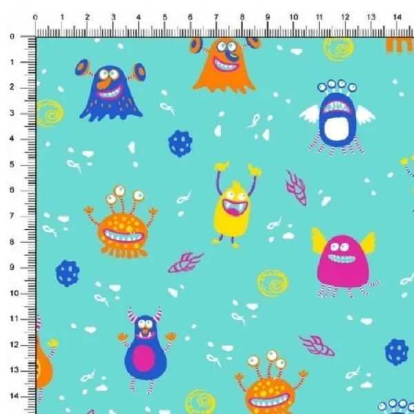 Tricoline Estampado / Monstrinhos fundo Tiffany