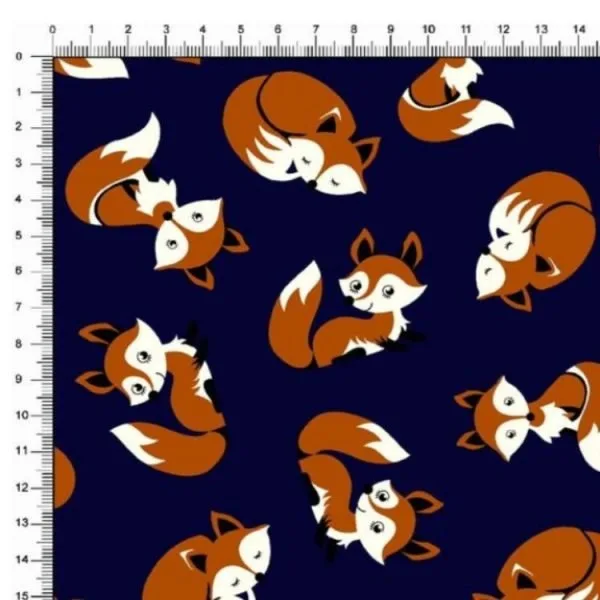 Tricoline Estampado / Raposa fundo Azul Marinho