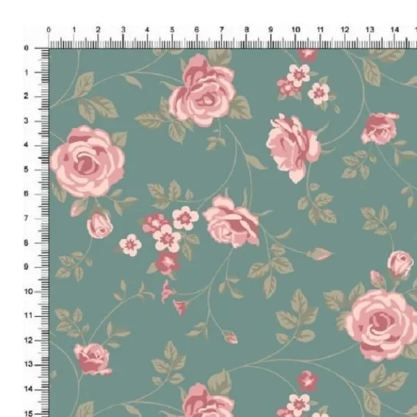 Tricoline Estampado / Rosas Delicadas fundo Verde