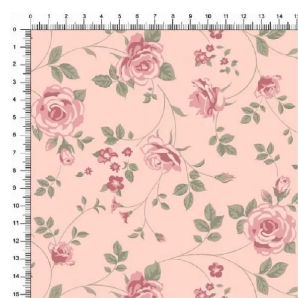 Tricoline Estampado / Rosas delicadas fundo Rosê Claro