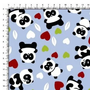 Tricoline Estampado / Pandas e Corações fundo Azul Bebê