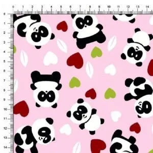 Tricoline Estampado / Pandas e Corações fundo Rosa Bebê