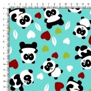 Tricoline Estampado / Pandas e Corações fundo Tifany