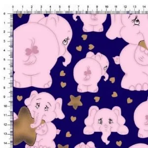 Tricoline Estampado / Elefante fundo Azul Marinho