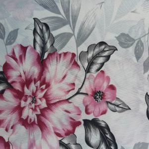 Percal Estampado 150 Fios / Floral Rosa e Folhagem Cinza