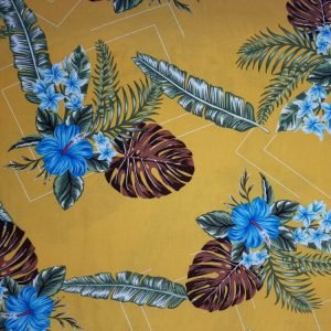 Viscose Estampado / Floral Azul e Folhagem Costela de Adão fundo Amarelo