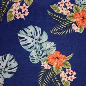 Viscose Estampado / Floral Laranja e Folhagem fundo Azul Marinho