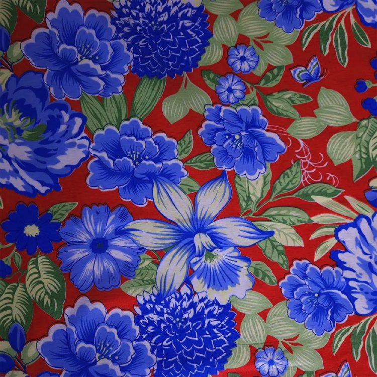 Chitão Flex / Floral Rosas Azul fundo Vermelho