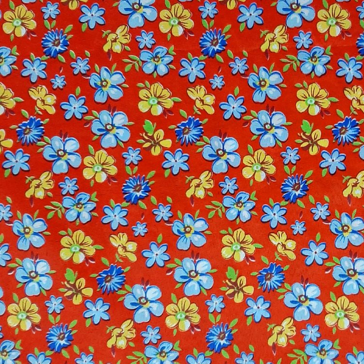 Chitão Flex / Mini Floral Azul e Amarelo fundo Vermelho