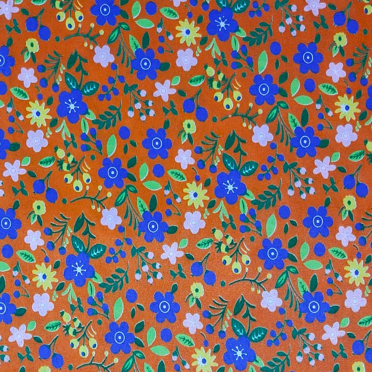Chitão Flex / Mini Floral Azul fundo Laranja