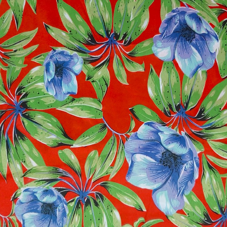 Chitão Flex / Folhagem e Floral Azul fundo Vermelho